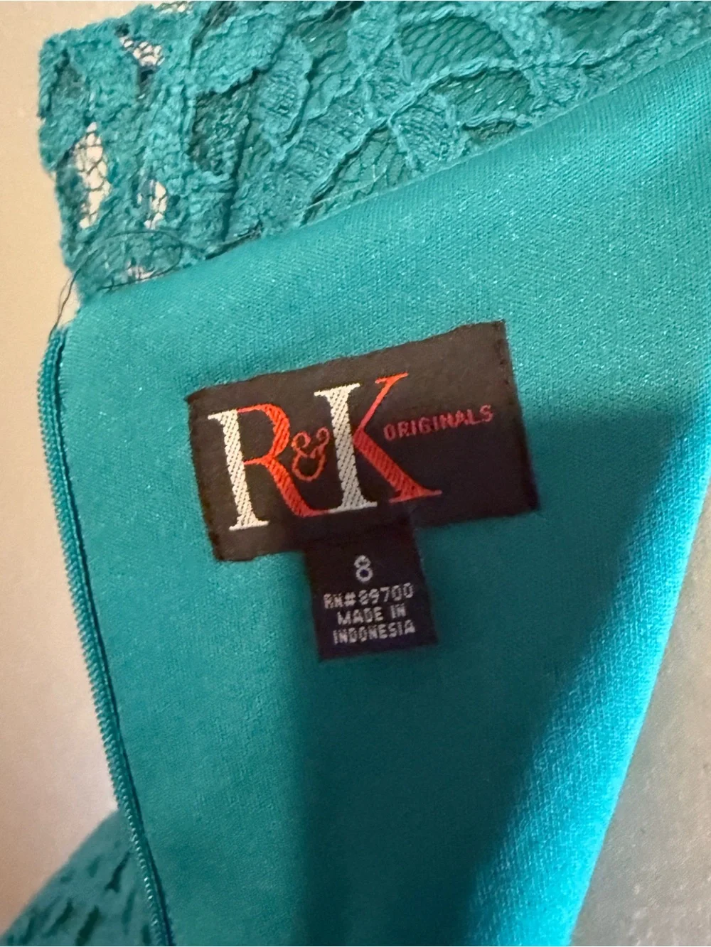Vintage R&K Teal Green Floral Lace Sheath Cocktail Dress - Size 8